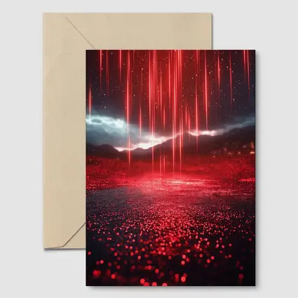 Red Neon Rain Glowing Dark Landscape Art