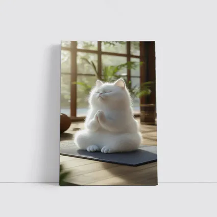 White Cat Meditating On Yoga Mat Indoors