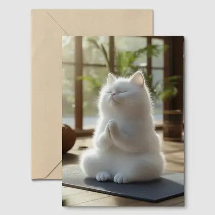 White Cat Meditating On Yoga Mat Indoors