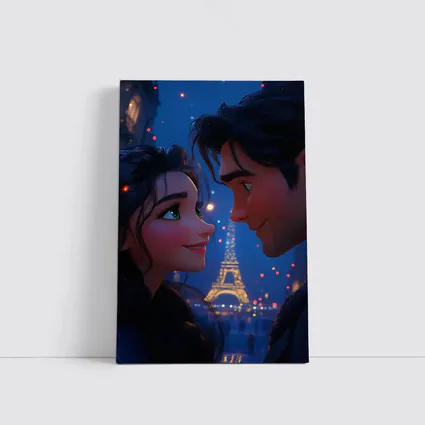 Romantic Couple Cartoon Paris Eiffel Tower Night
