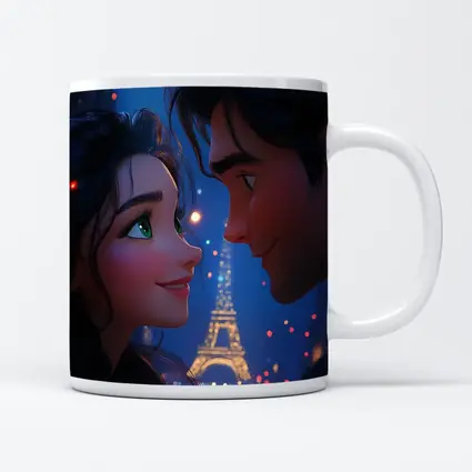 Romantic Couple Cartoon Paris Eiffel Tower Night