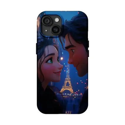 Romantic Couple Cartoon Paris Eiffel Tower Night