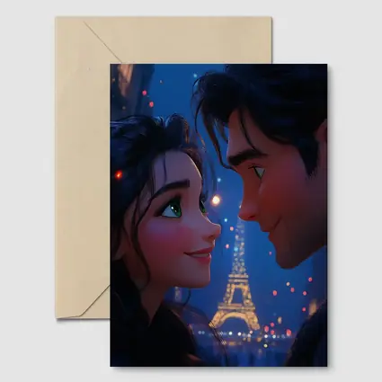 Romantic Couple Cartoon Paris Eiffel Tower Night