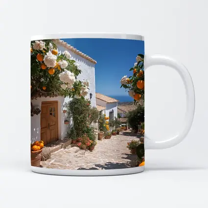 Mediterranean Village Courtyard Orange Trees White Houses