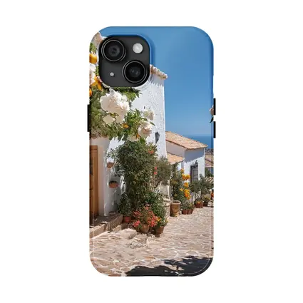 Mediterranean Village Courtyard Orange Trees White Houses