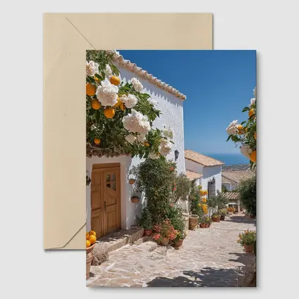 Mediterranean Village Courtyard Orange Trees White Houses