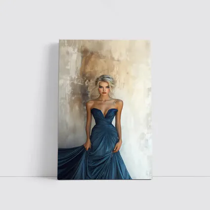Elegant Woman Blue Gown Textured Wall