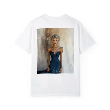 Elegant Woman Blue Gown Textured Wall