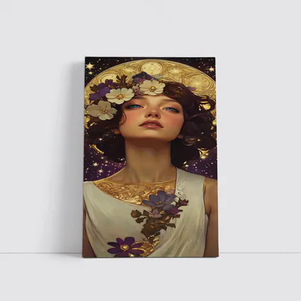 Art Nouveau Woman Gold Floral Starry Night