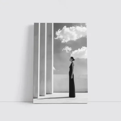 Woman Black Dress White Columns Sky