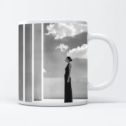 Woman Black Dress White Columns Sky
