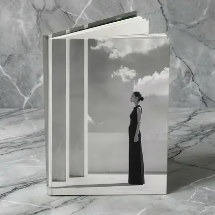 Woman Black Dress White Columns Sky