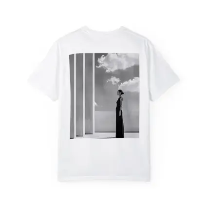 Woman Black Dress White Columns Sky