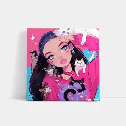 Anime Girl With Cats Pink Blue Background