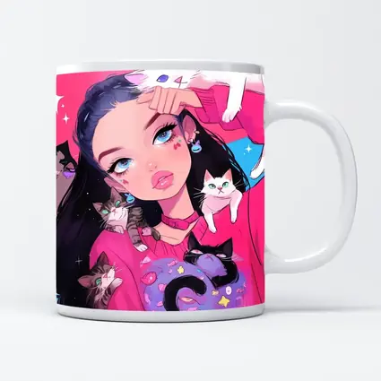 Anime Girl With Cats Pink Blue Background