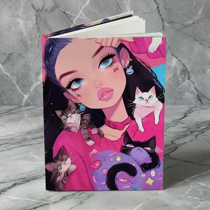Anime Girl With Cats Pink Blue Background
