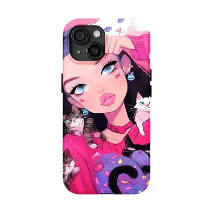 Anime Girl With Cats Pink Blue Background