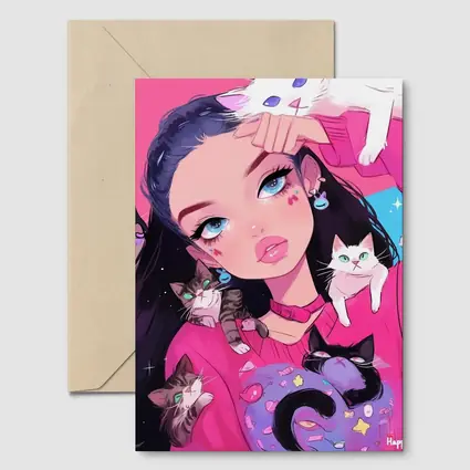 Anime Girl With Cats Pink Blue Background