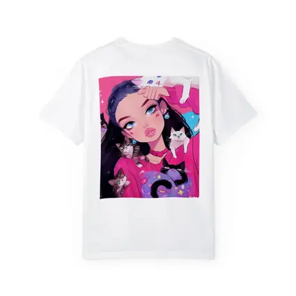 Anime Girl With Cats Pink Blue Background