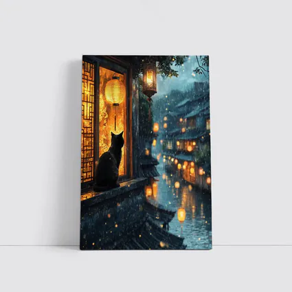 Black Cat Rainy Night Asian Lantern City