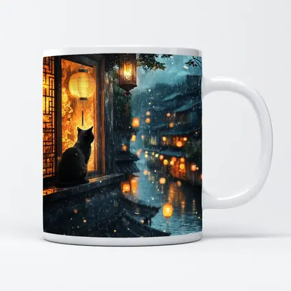 Black Cat Rainy Night Asian Lantern City