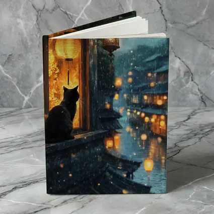 Black Cat Rainy Night Asian Lantern City