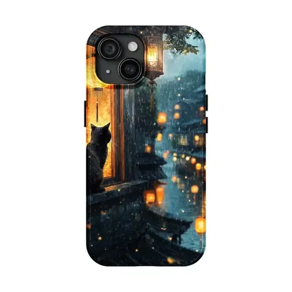 Black Cat Rainy Night Asian Lantern City