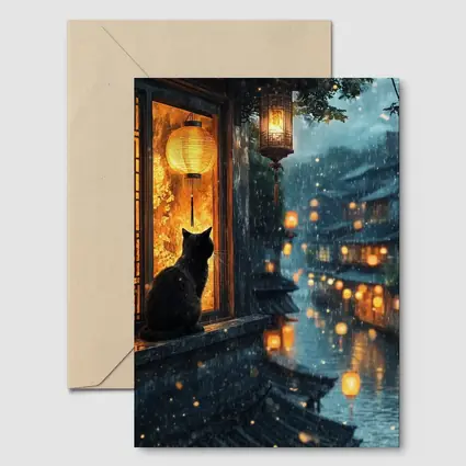 Black Cat Rainy Night Asian Lantern City