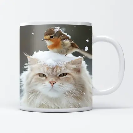 Fluffy White Cat Bird Snow Winter Scene