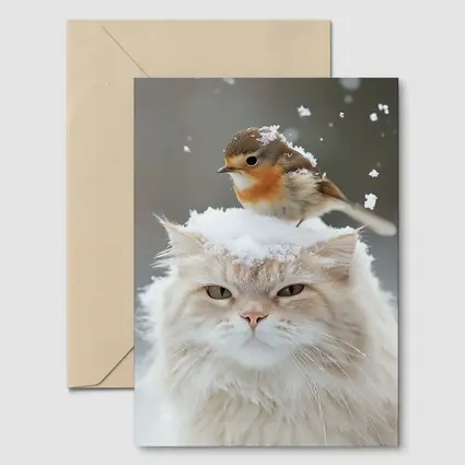 Fluffy White Cat Bird Snow Winter Scene