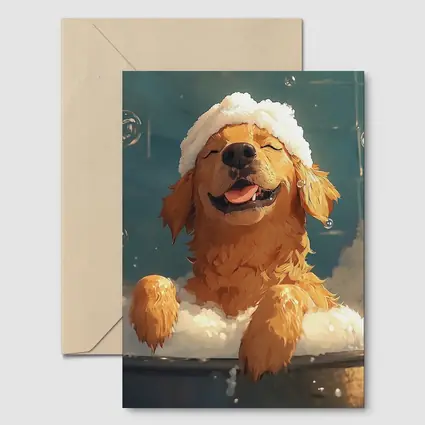 Happy Golden Retriever Bubble Bath Cartoon