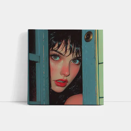 Woman Peeking Through Teal Door Pop Art