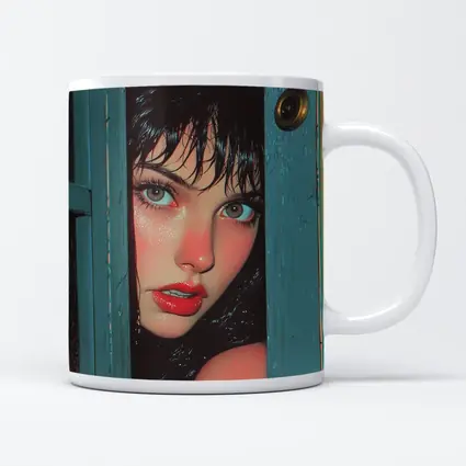 Woman Peeking Through Teal Door Pop Art