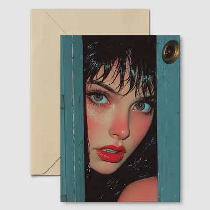 Woman Peeking Through Teal Door Pop Art