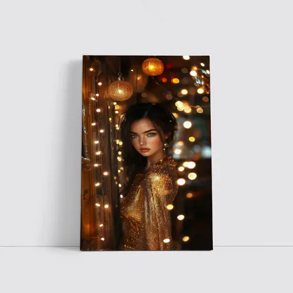Woman Gold Dress Warm Bokeh Lights