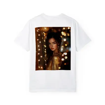 Woman Gold Dress Warm Bokeh Lights