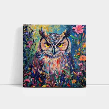 Great Horned Owl Colorful Wildflower Garden Painting