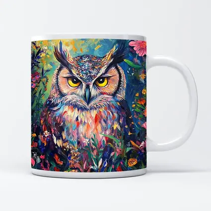 Great Horned Owl Colorful Wildflower Garden Painting