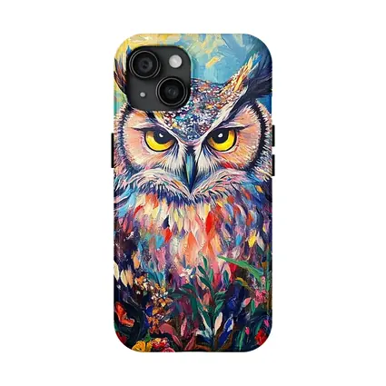 Great Horned Owl Colorful Wildflower Garden Painting