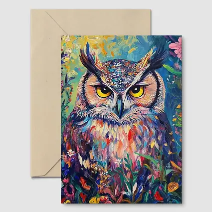 Great Horned Owl Colorful Wildflower Garden Painting
