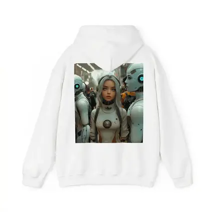 Futuristic Female Android Among White Robots