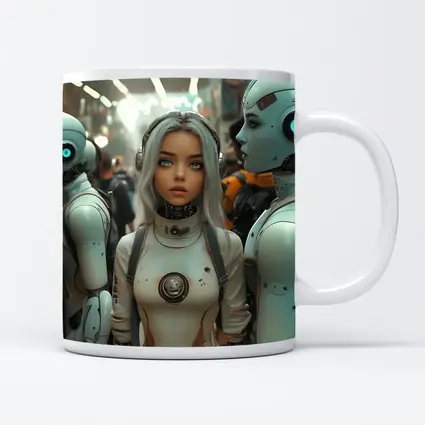 Futuristic Female Android Among White Robots