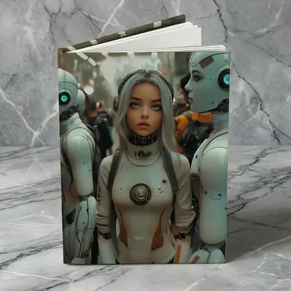 Futuristic Female Android Among White Robots