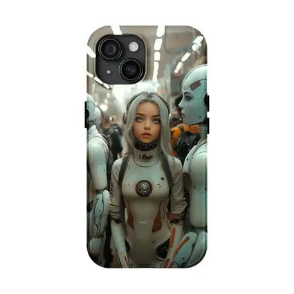 Futuristic Female Android Among White Robots