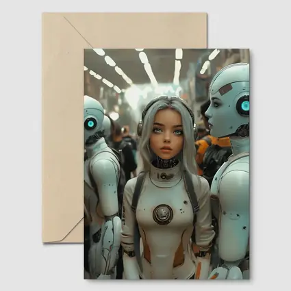 Futuristic Female Android Among White Robots
