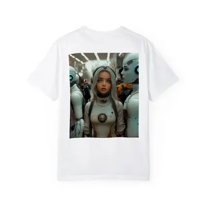 Futuristic Female Android Among White Robots
