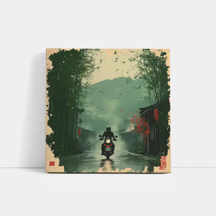 Motorcyclist Riding Through Misty Chinese Village