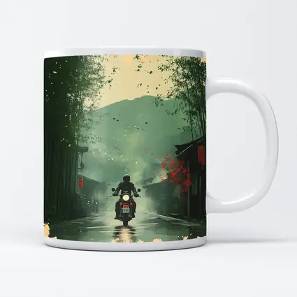 Motorcyclist Riding Through Misty Chinese Village