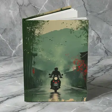 Motorcyclist Riding Through Misty Chinese Village