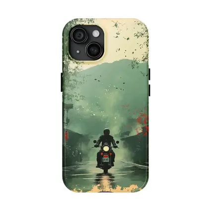 Motorcyclist Riding Through Misty Chinese Village